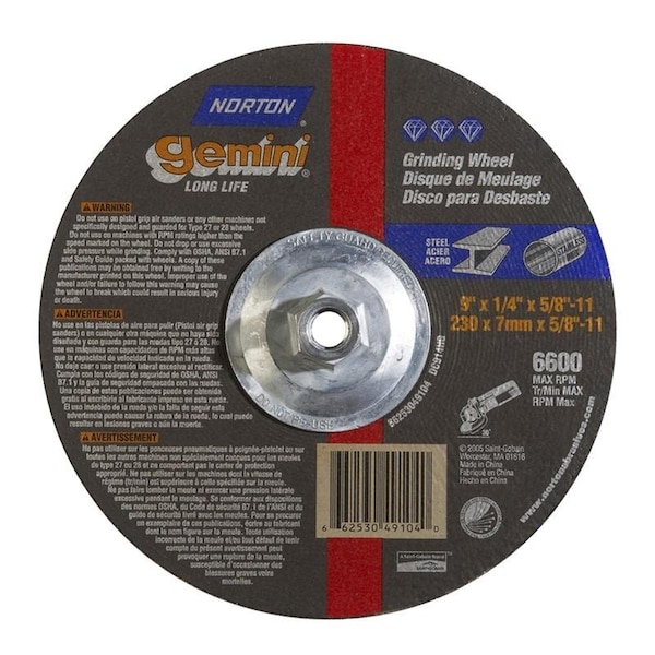 Norton Co Grinding Wheel, Depressed Cntr, Type 27 - Metal - Gemini Alu Oxide, 9 x 1/4 x 5/8-11, Max RPM: 6600 662530-49104 - main